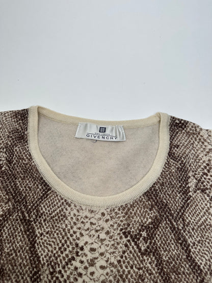 Vintage Givenchy Boutique Snakeskin Print Knit Sleeveless Top Cream Brown M