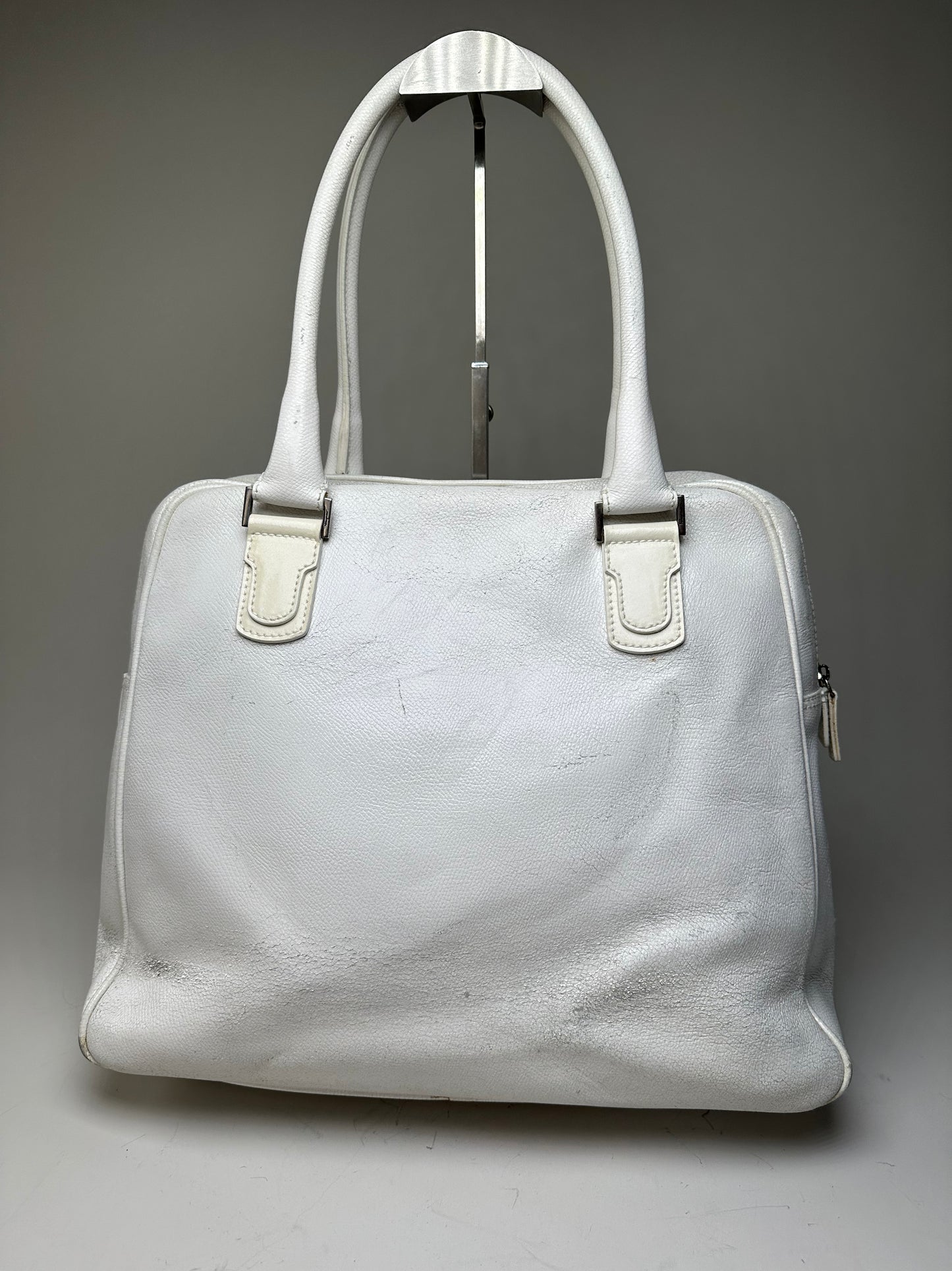 Vintage Ferragamo Grained Leather Handbag White Silver