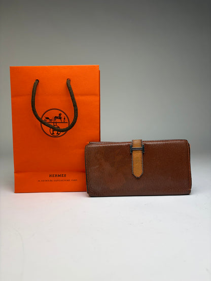 Vintage Hermès Dogon Textured Leather Bifold Wallet Brown Orange