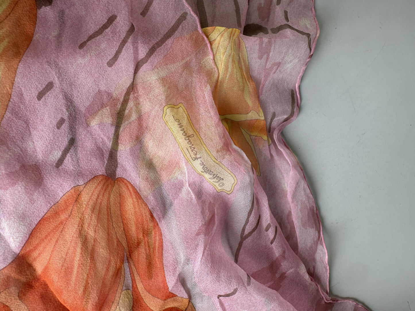 Vintage Ferragamo Floral Silk Scarf Pink Orange Cream