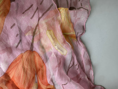 Vintage Ferragamo Floral Silk Scarf Pink Orange Cream