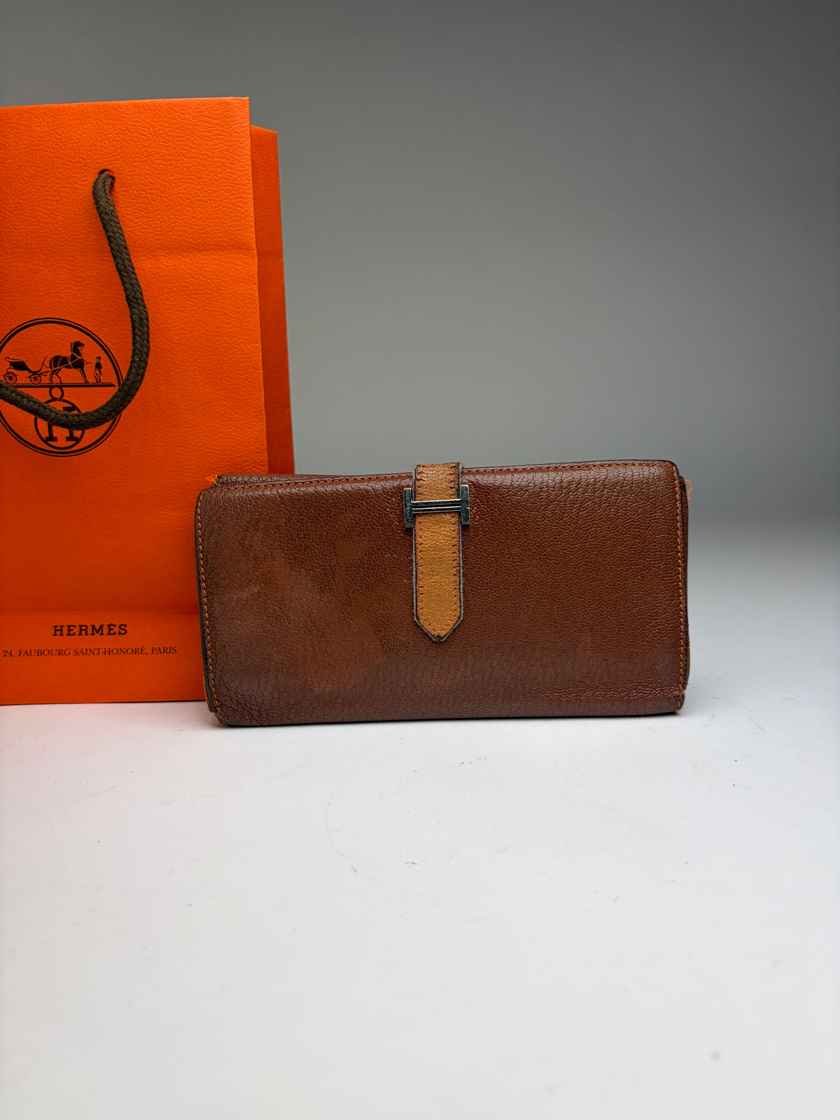 Vintage Hermès Dogon Textured Leather Bifold Wallet Brown Orange