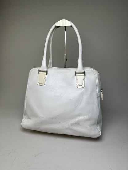 Vintage Ferragamo Grained Leather Handbag White Silver