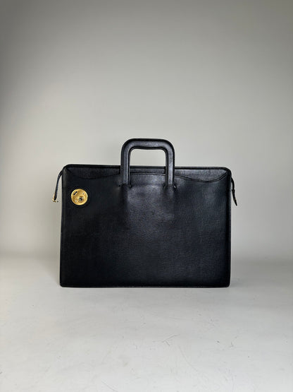 Vintage Burberry Men's Textured Leather Briefcase Black Gold