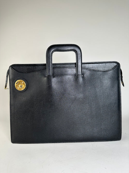 Vintage Burberry Men's Textured Leather Briefcase Black Gold