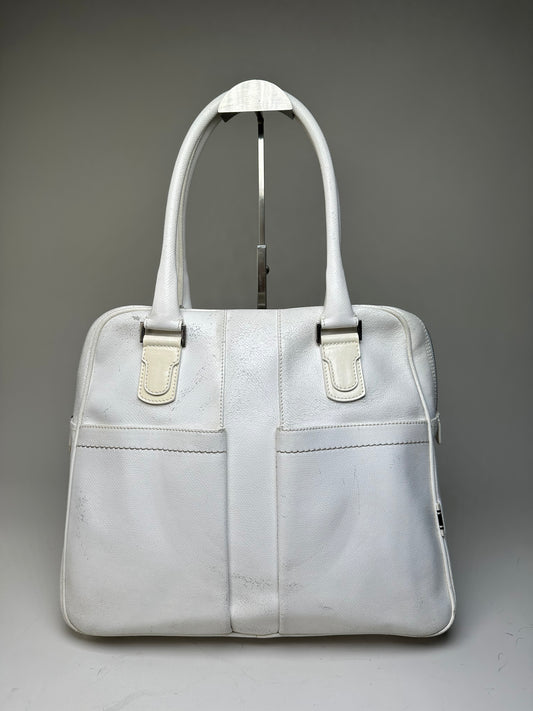 Vintage Ferragamo Grained Leather Handbag White Silver