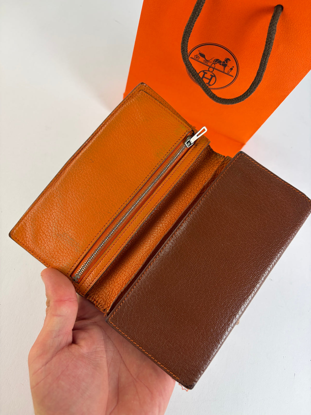 Vintage Hermès Dogon Textured Leather Bifold Wallet Brown Orange