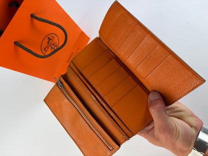 Vintage Hermès Dogon Textured Leather Bifold Wallet Brown Orange