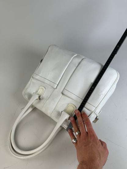 Vintage Ferragamo Grained Leather Handbag White Silver