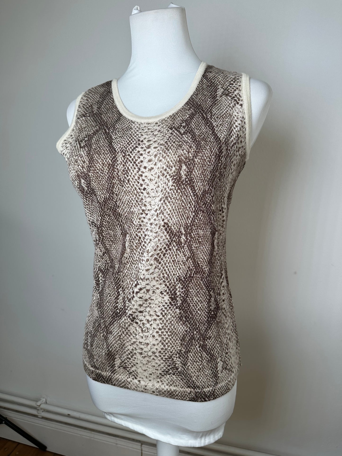 Vintage Givenchy Boutique Snakeskin Print Knit Sleeveless Top Cream Brown M