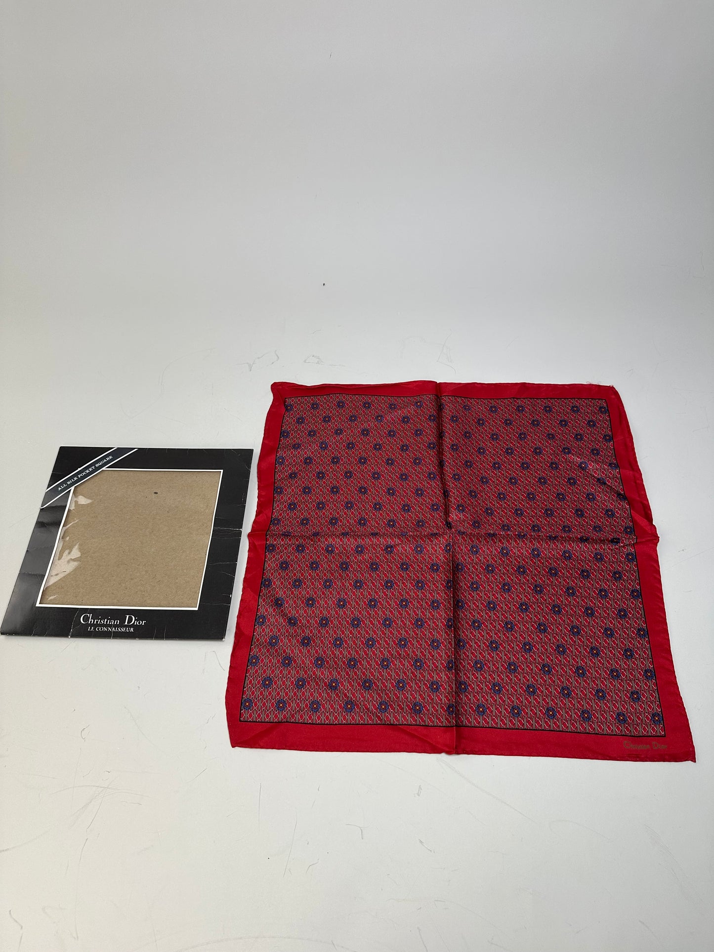 Vintage Dior Silk Pocket Square Red Blue with Box