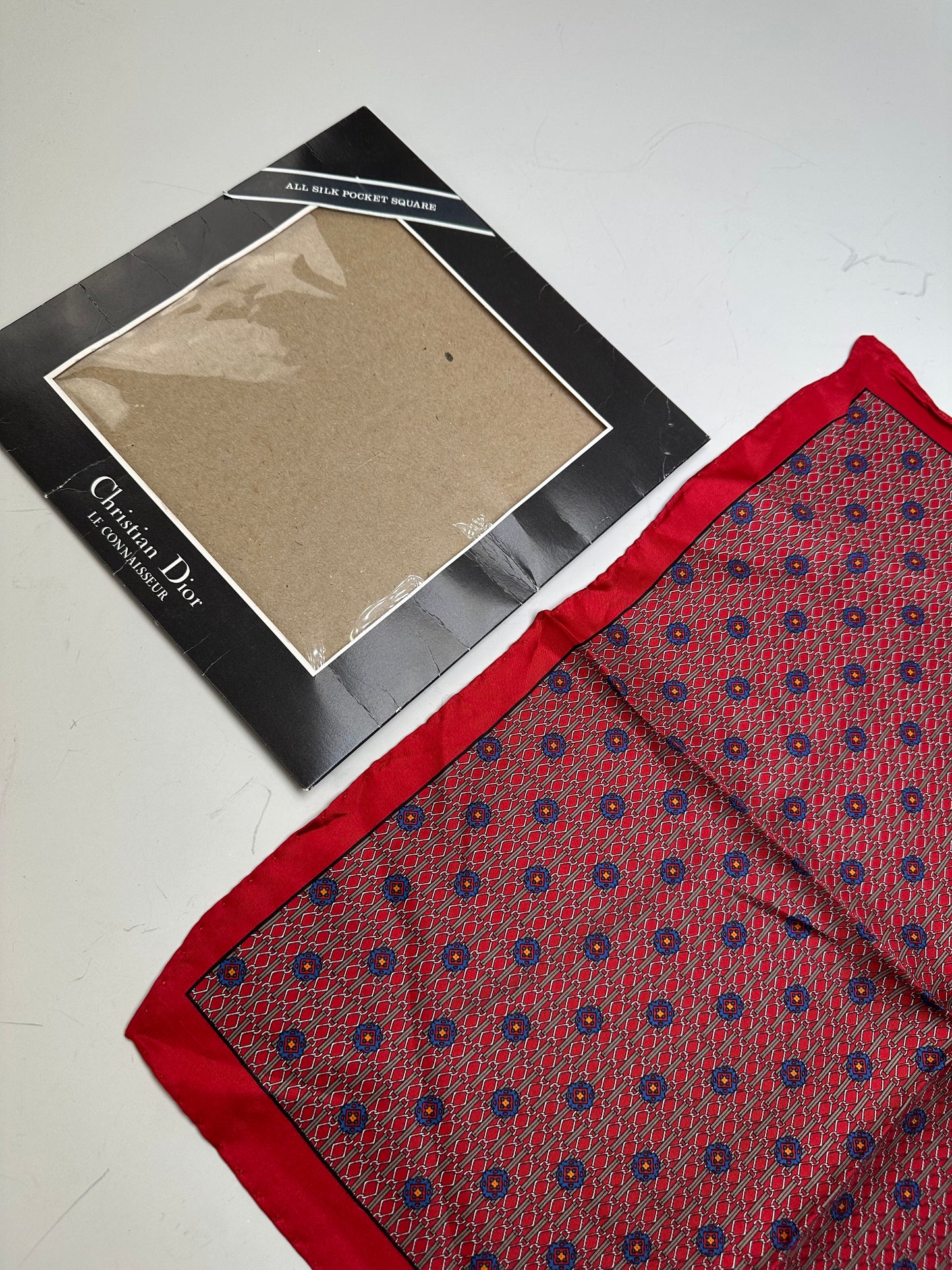Vintage Dior Silk Pocket Square Red Blue with Box