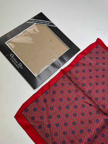 Vintage Dior Silk Pocket Square Red Blue with Box