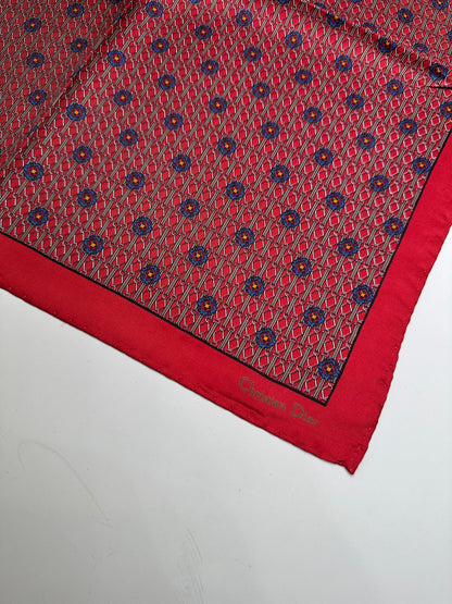 Vintage Dior Silk Pocket Square Red Blue with Box