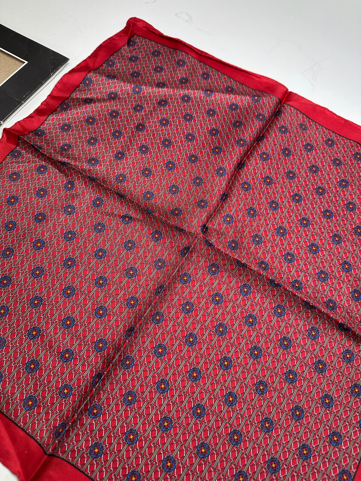 Vintage Dior Silk Pocket Square Red Blue with Box