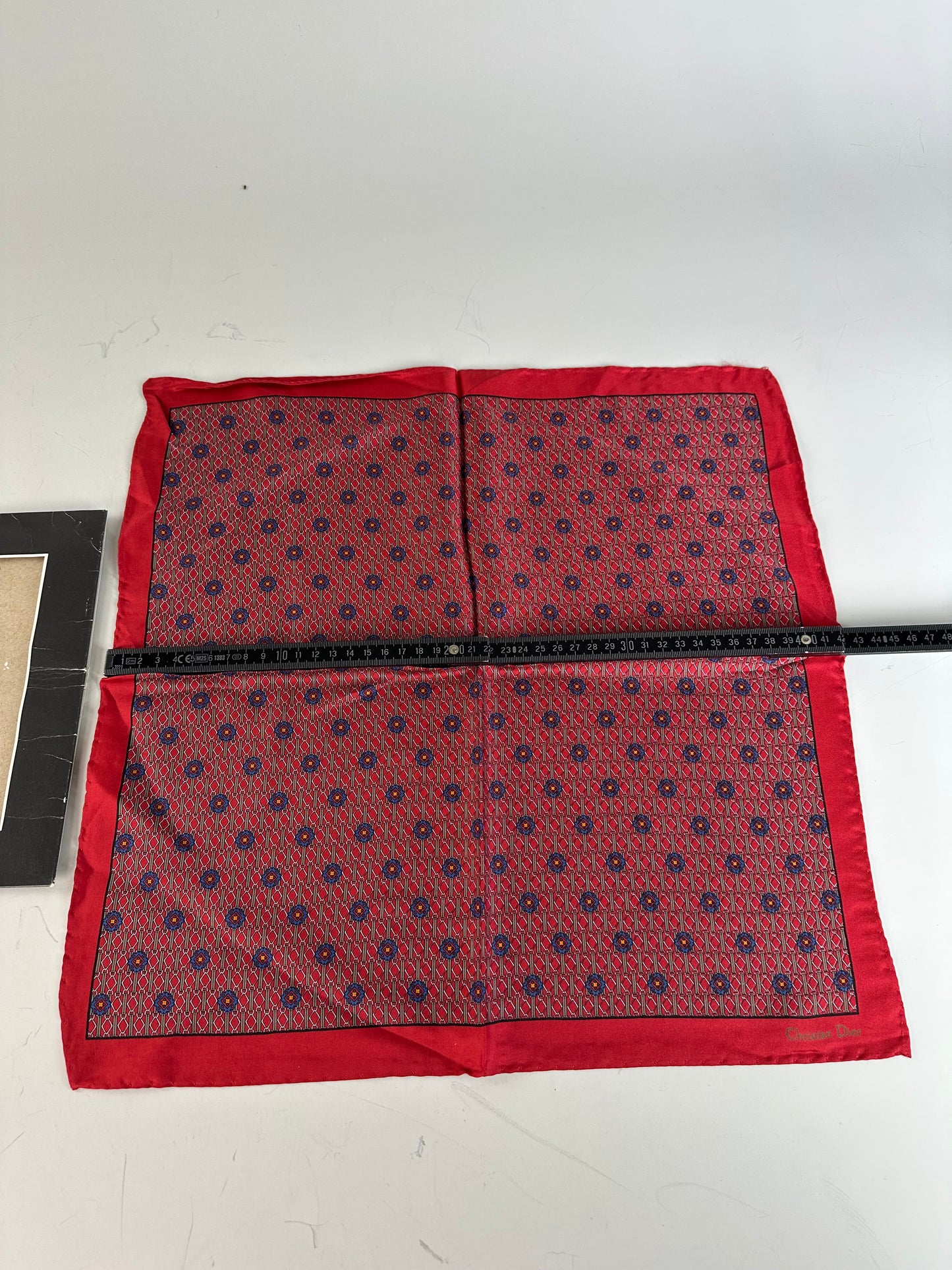 Vintage Dior Silk Pocket Square Red Blue with Box