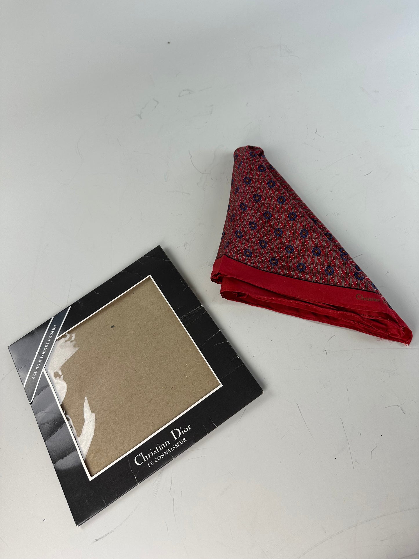 Vintage Dior Silk Pocket Square Red Blue with Box