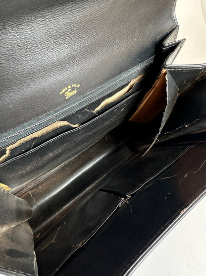 Vintage Gucci Tiger's Eye Cabochon Leather Top Handle Bag Black