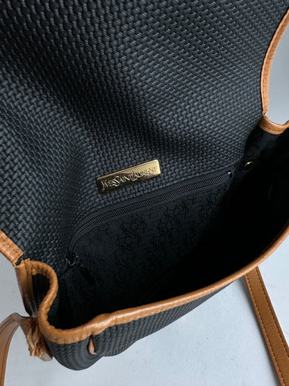 Vintage Yves Saint Laurent Leather Canvas Crossbody Bag Black Brown