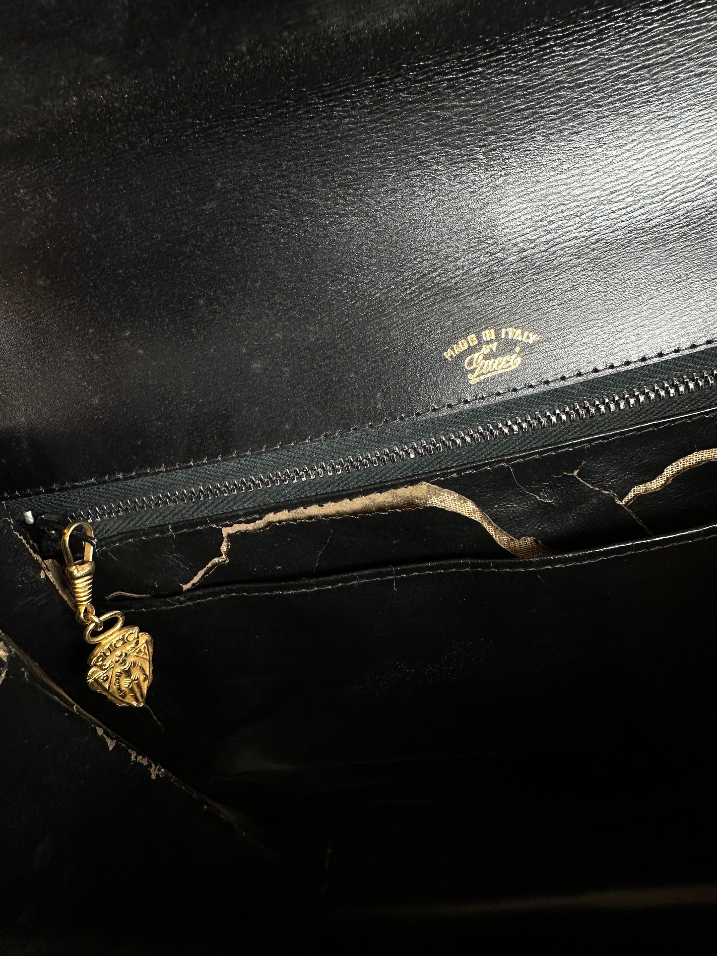 Vintage Gucci Tiger's Eye Cabochon Leather Top Handle Bag Black