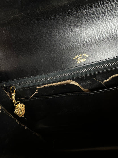 Vintage Gucci Tiger's Eye Cabochon Leather Top Handle Bag Black