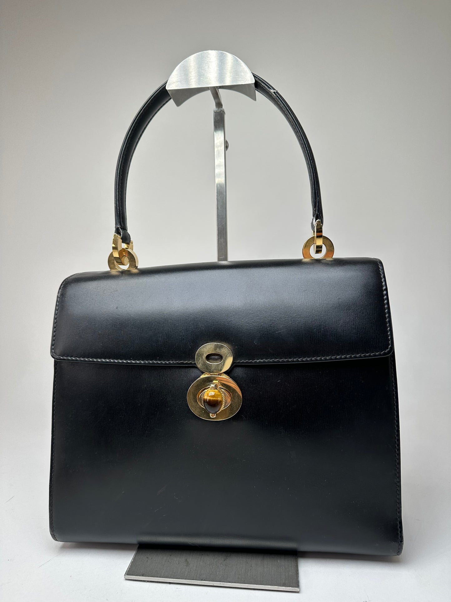 Vintage Gucci Tiger's Eye Cabochon Leather Top Handle Bag Black