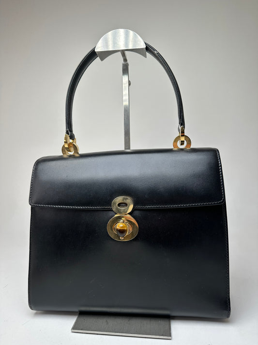 Vintage Gucci Tiger's Eye Cabochon Leather Top Handle Bag Black