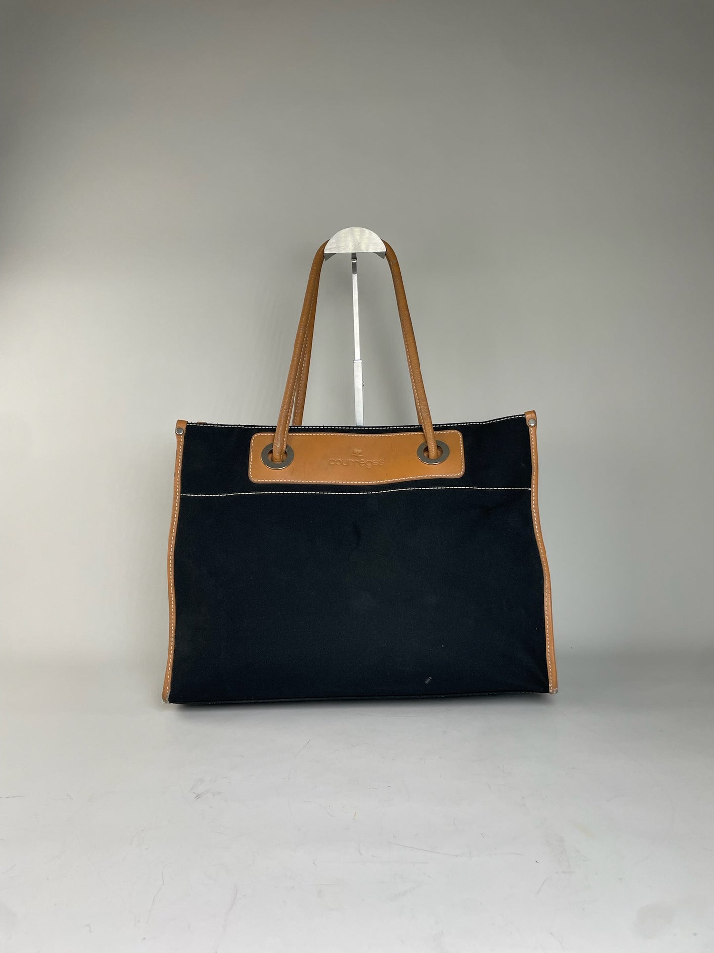 Vintage Courreges Canvas Leather Tote Black Tan