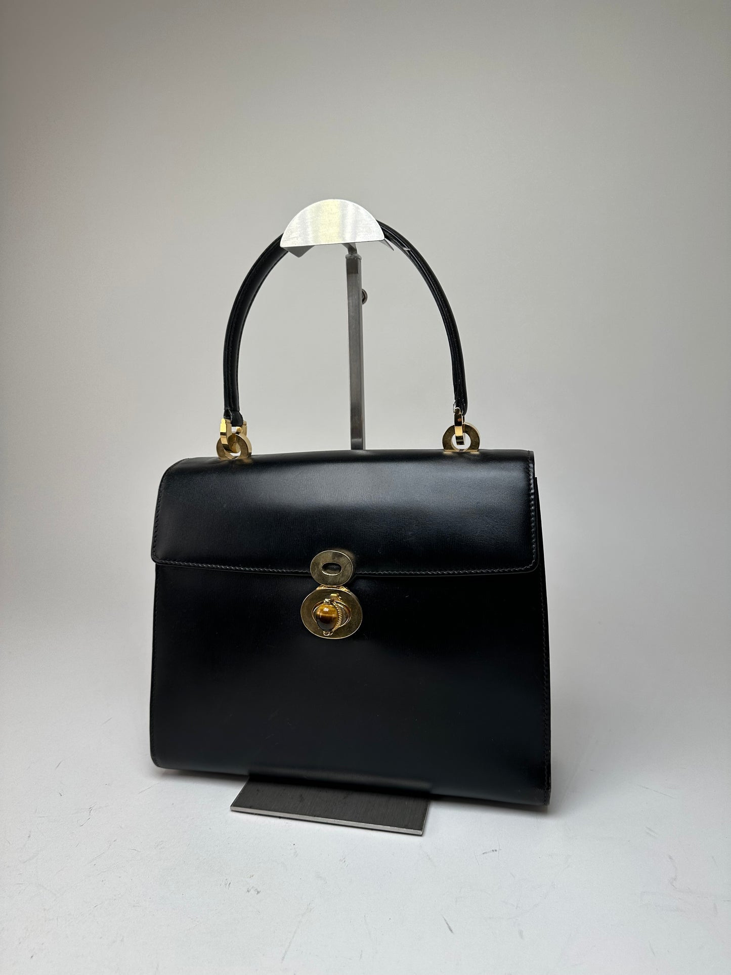 Vintage Gucci Tiger's Eye Cabochon Leather Top Handle Bag Black