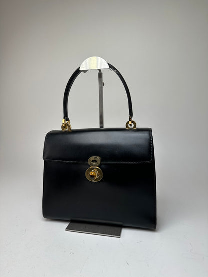 Vintage Gucci Tiger's Eye Cabochon Leather Top Handle Bag Black