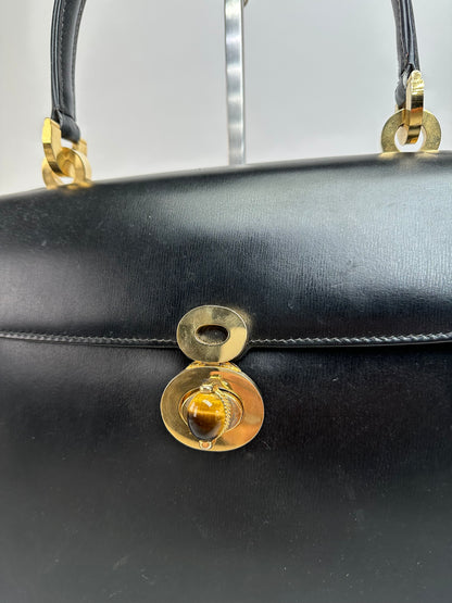 Vintage Gucci Tiger's Eye Cabochon Leather Top Handle Bag Black