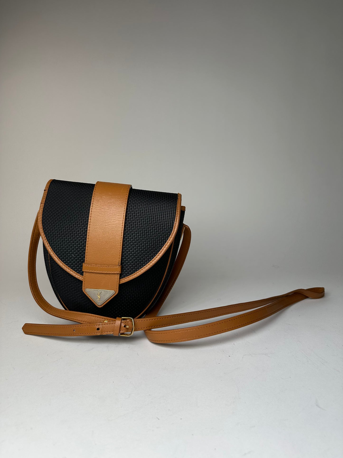Vintage Yves Saint Laurent Leather Canvas Crossbody Bag Black Brown