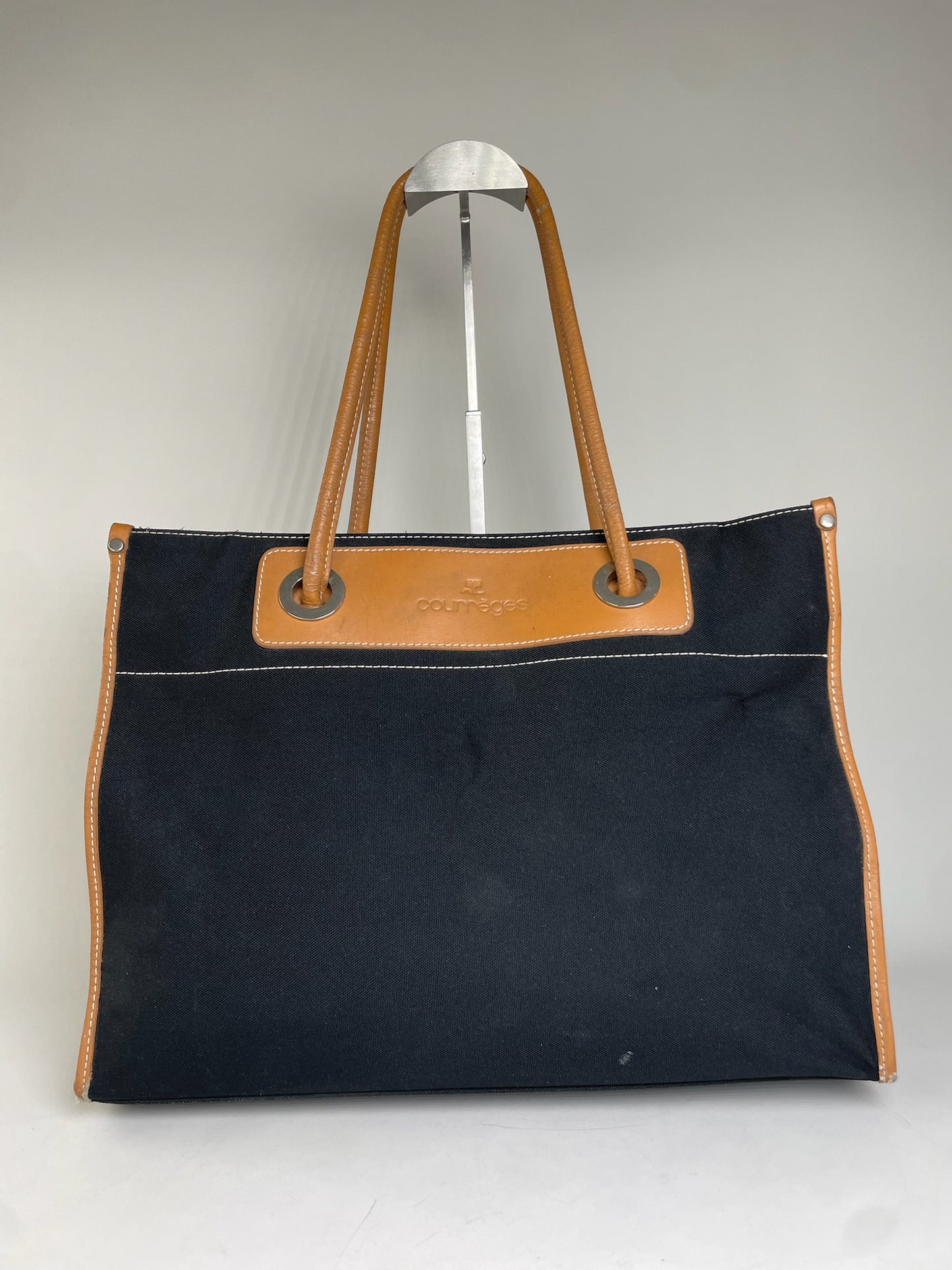 Vintage Courreges Canvas Leather Tote Black Tan