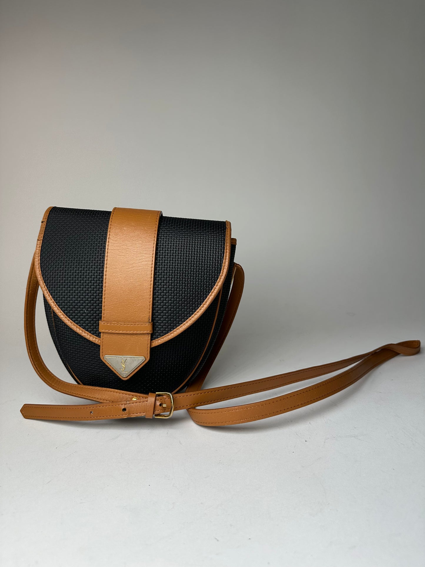 Vintage Yves Saint Laurent Leather Canvas Crossbody Bag Black Brown