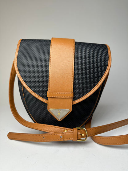 Vintage Yves Saint Laurent Leather Canvas Crossbody Bag Black Brown