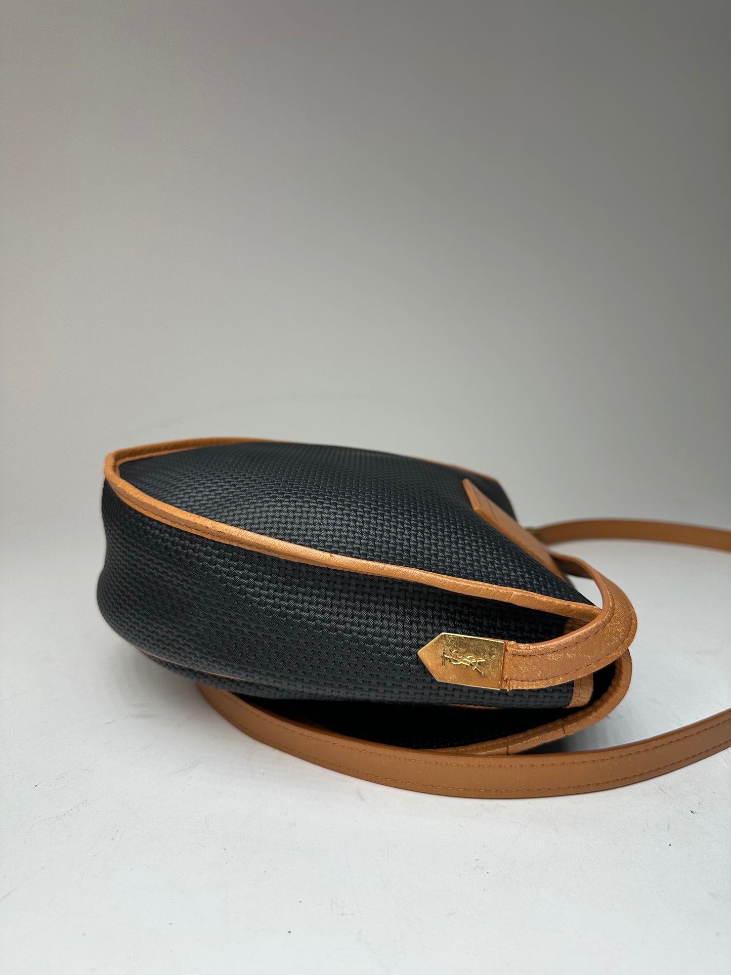 Vintage Yves Saint Laurent Leather Canvas Crossbody Bag Black Brown