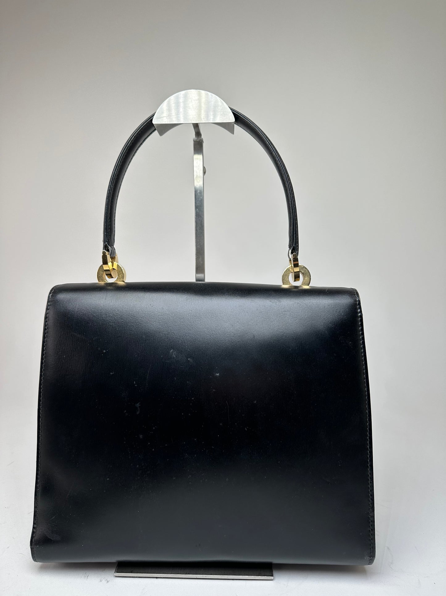 Vintage Gucci Tiger's Eye Cabochon Leather Top Handle Bag Black