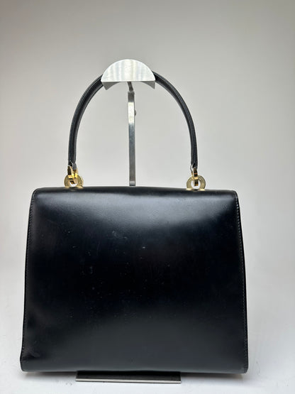 Vintage Gucci Tiger's Eye Cabochon Leather Top Handle Bag Black