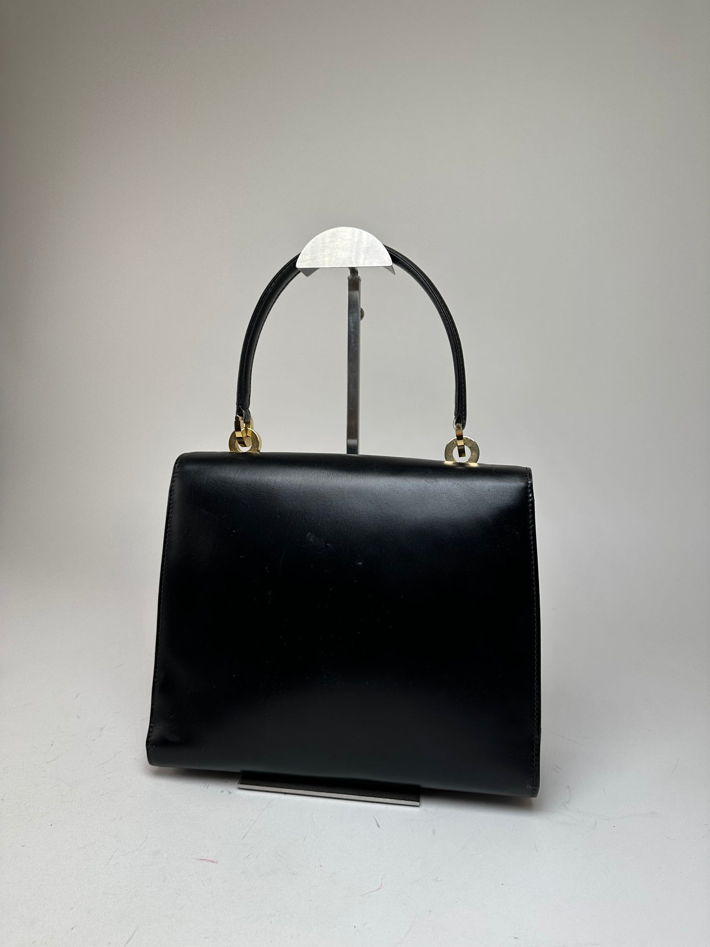 Vintage Gucci Tiger's Eye Cabochon Leather Top Handle Bag Black