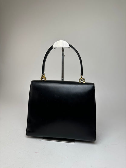Vintage Gucci Tiger's Eye Cabochon Leather Top Handle Bag Black