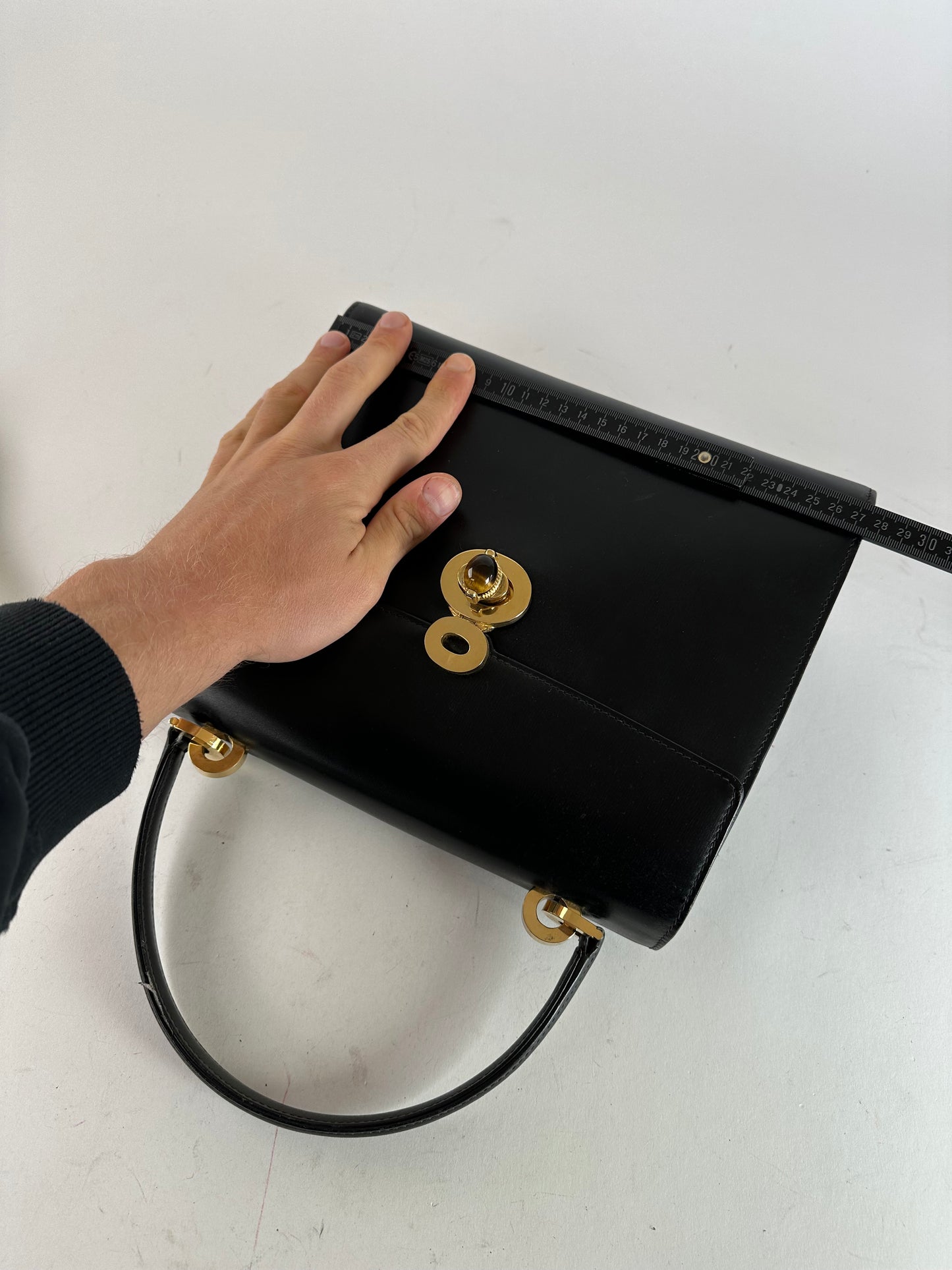 Vintage Gucci Tiger's Eye Cabochon Leather Top Handle Bag Black