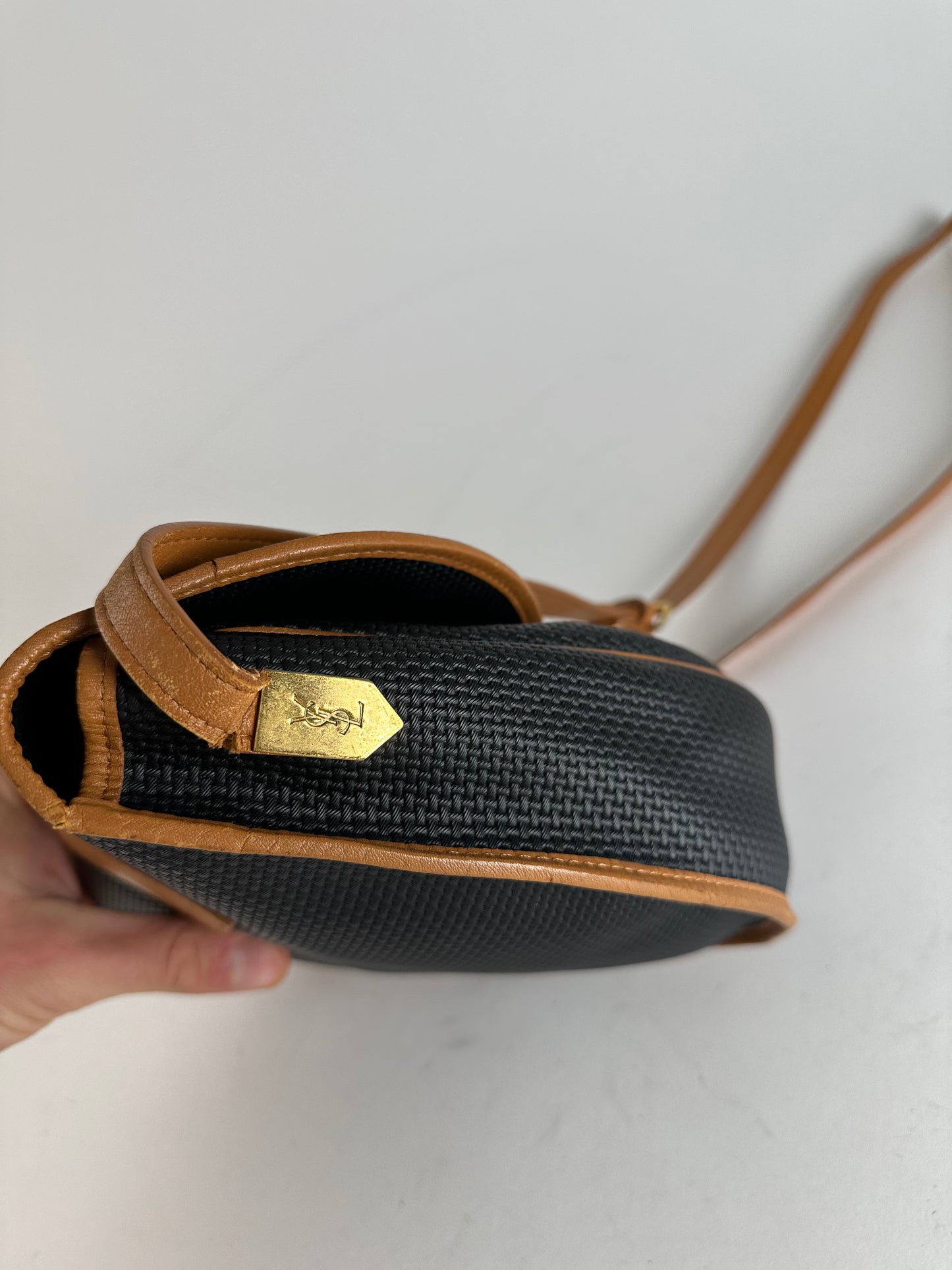 Vintage Yves Saint Laurent Leather Canvas Crossbody Bag Black Brown