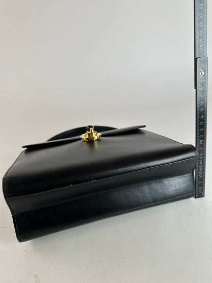 Vintage Gucci Tiger's Eye Cabochon Leather Top Handle Bag Black