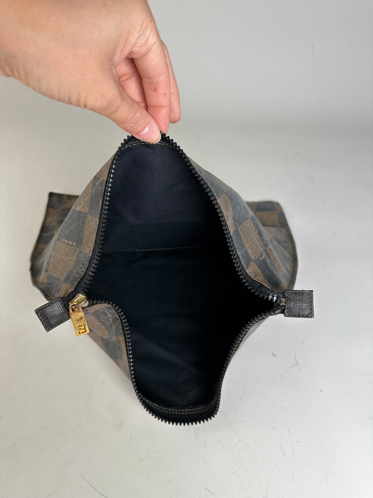 Vintage Fendi Coated Canvas Pouch Brown Black Gold