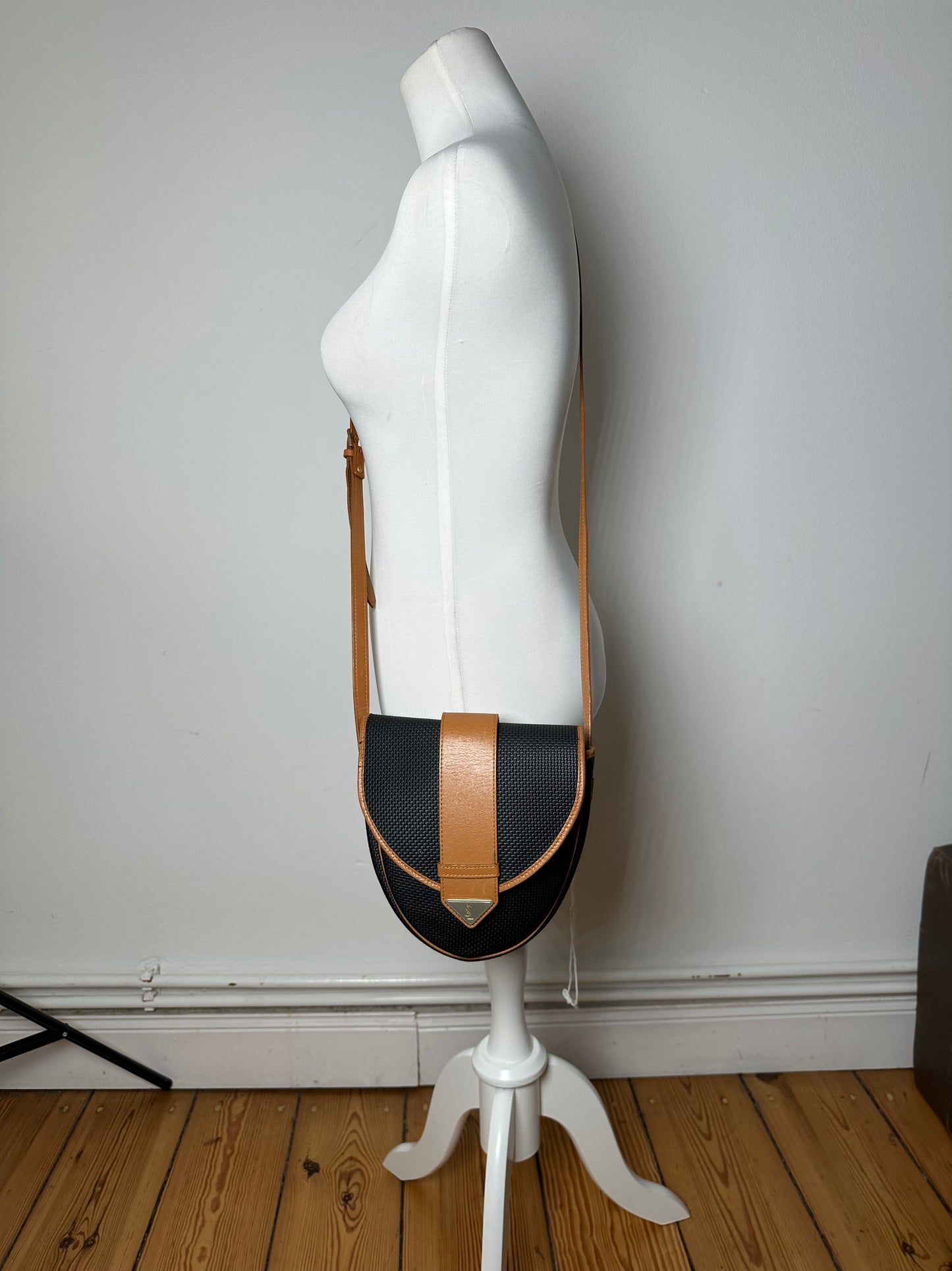 Vintage Yves Saint Laurent Leather Canvas Crossbody Bag Black Brown