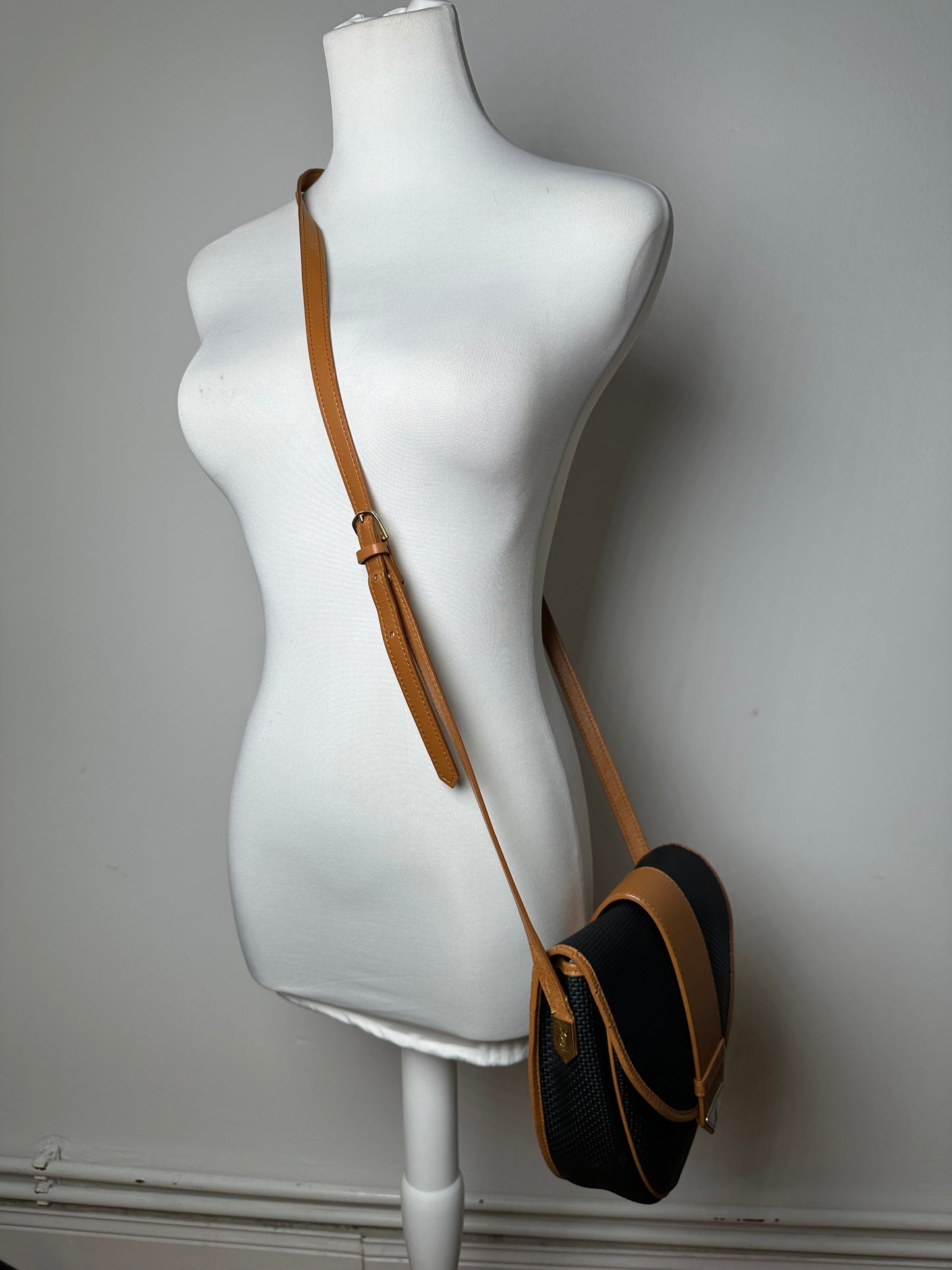 Vintage Yves Saint Laurent Leather Canvas Crossbody Bag Black Brown