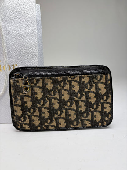 Vintage Dior Oblique Canvas Zip Wallet Late 1970s Beige Black