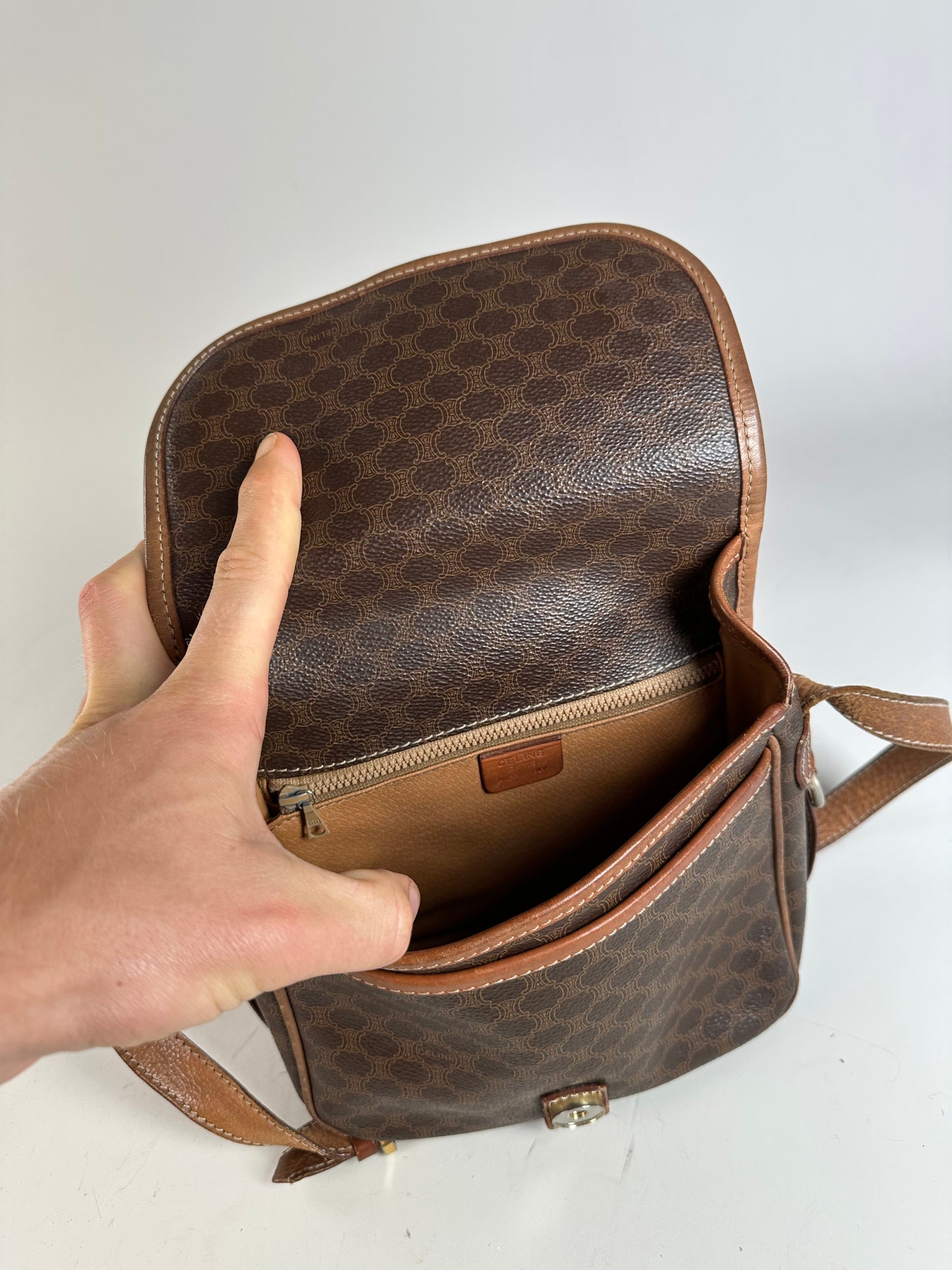 Vintage Celine Coated Canvas Shoulder Bag Brown Tan Gold