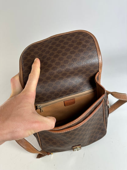Vintage Celine Coated Canvas Shoulder Bag Brown Tan Gold