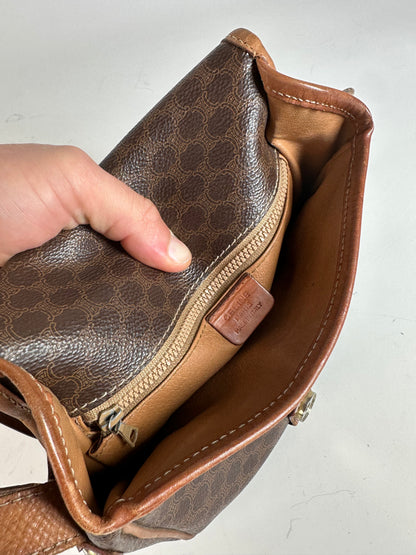 Vintage Celine Coated Canvas Shoulder Bag Brown Tan Gold